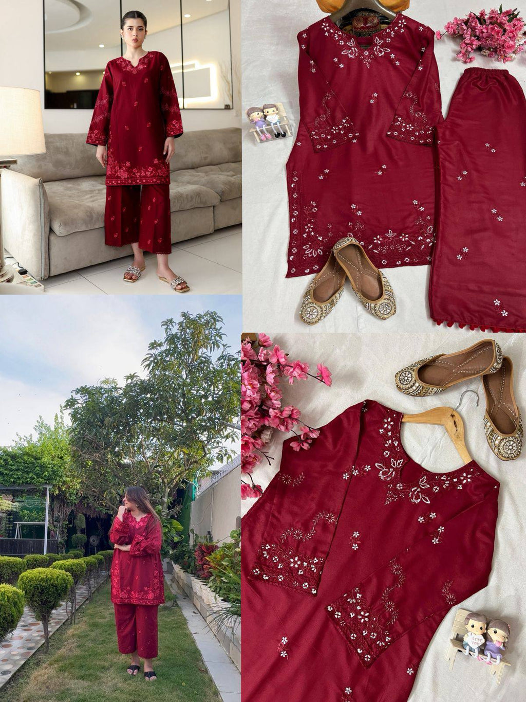 Full body shot of a woman in a maroon embroidered cord set posing indoors.