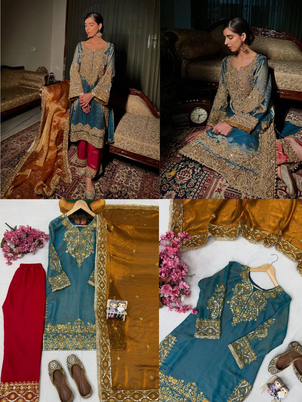Woman in a teal gold embroidered Frendy silk kurti pant set with a golden dupatta, posing elegantly.
