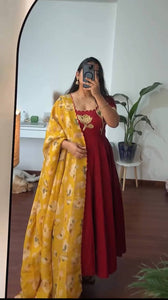 Hand Painted Maggam Work Women's Gown | Vichitra Silk Party Wear