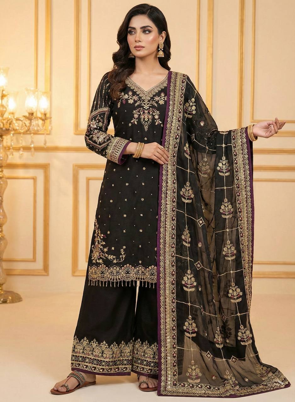 Full body shot of a woman modeling a black embroidered Top Plazzo and Dupatta set, showcasing intricate gold and purple detailing.