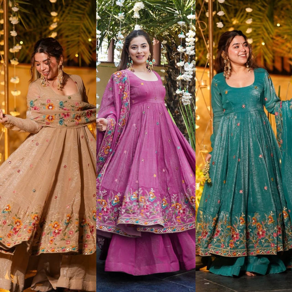Three models showcasing Teal, Magenta, and Beige Embroidered Crunchy Silk Sharara Sets for women