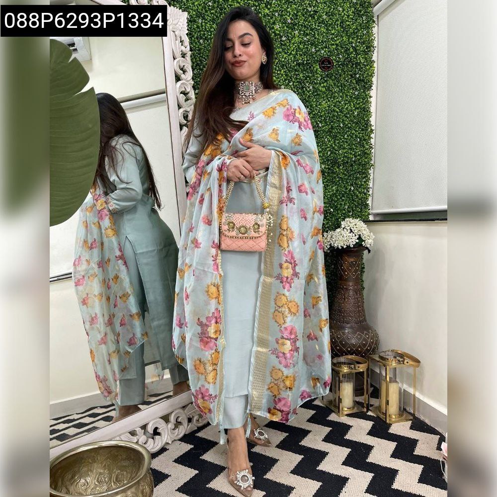 Full body model posing in elegant Aqua Blue Roman Silk Suit Set, front view