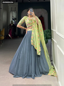 TRENDBUY Mint Green & Charcoal Grey Georgette Lehenga Choli Set with Floral Embroidery