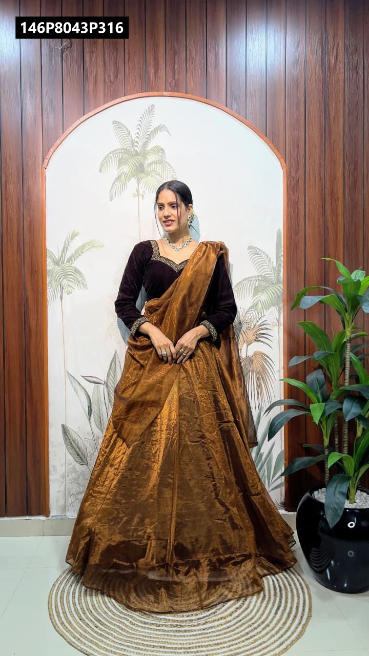 Full body view of a model elegantly posing in the TRENDBUY Brown Velvet & Shimmer Lehenga Choli, ideal for festive occasions.