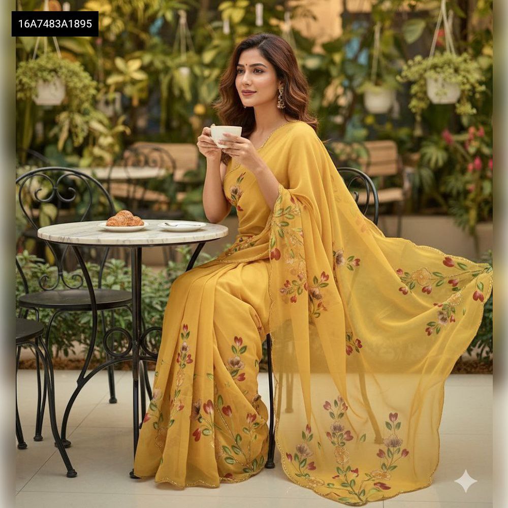 Model wearing a vibrant yellow georgette silk saree with digital floral prints and a delicate border, sitting outdoors.