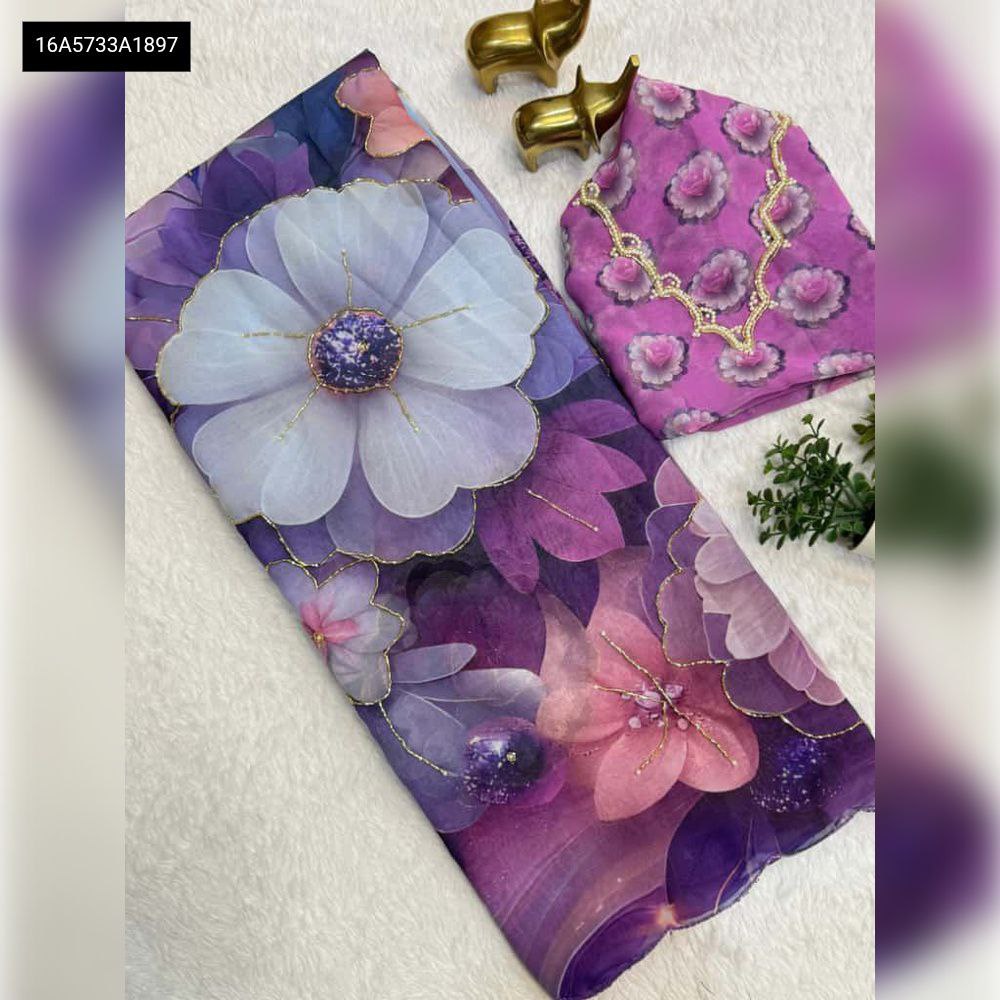 TRENDBUY Lavender Floral Digital Print Chiffon Saree with Blouse Piece