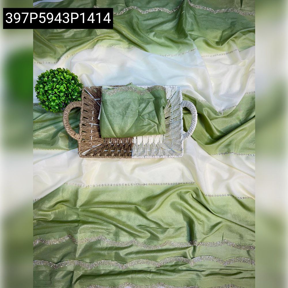 TRENDBUY Space Silk Ombre Saree in Green and White with Jarkhan Work