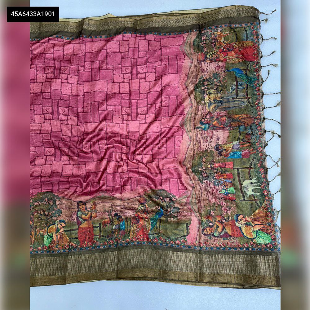 Pink Panerai Tusser Silk Saree with traditional printed motifs and zari border