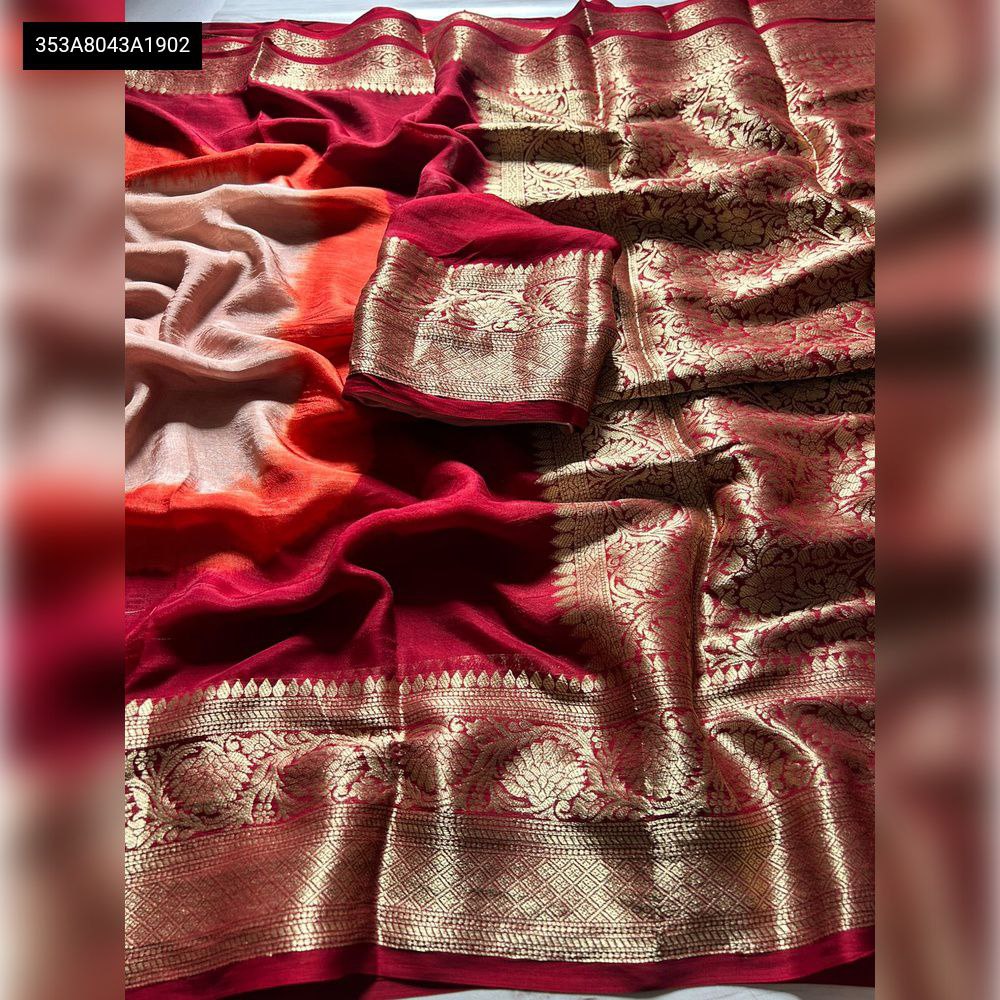 TRENDBUY Khadi Georgette Saree with Kanchi Zari border and running blouse, fiery ombre gradient