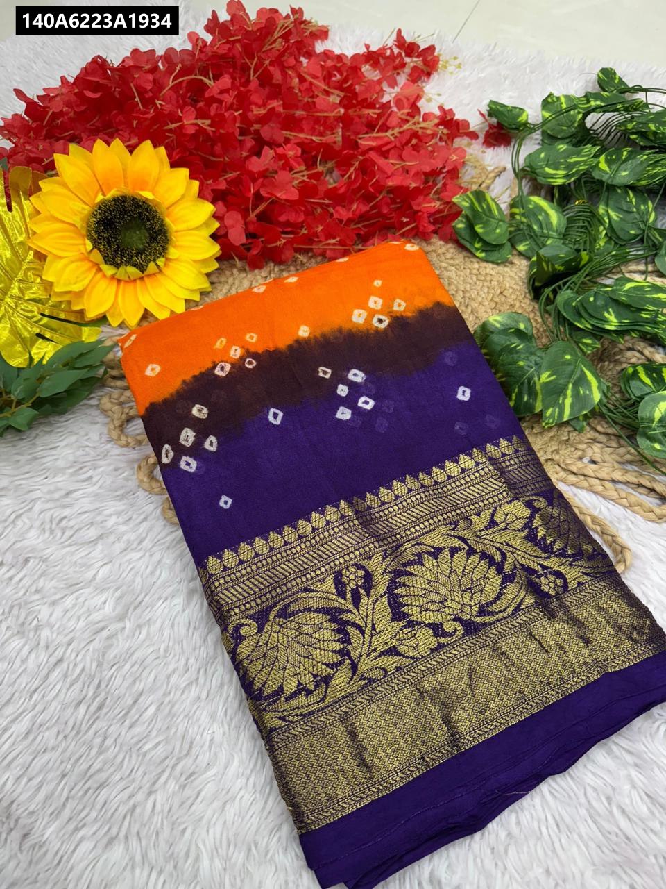 TRENDBUY Hand-Dyed Cotton Silk Bandhani Saree in Orange and Purple Ombre with Golden Border