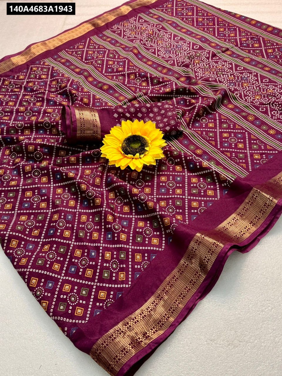 TRENDBUY Wine Purple Geometric Floral Zari Marsh Mellow Saree with gold border