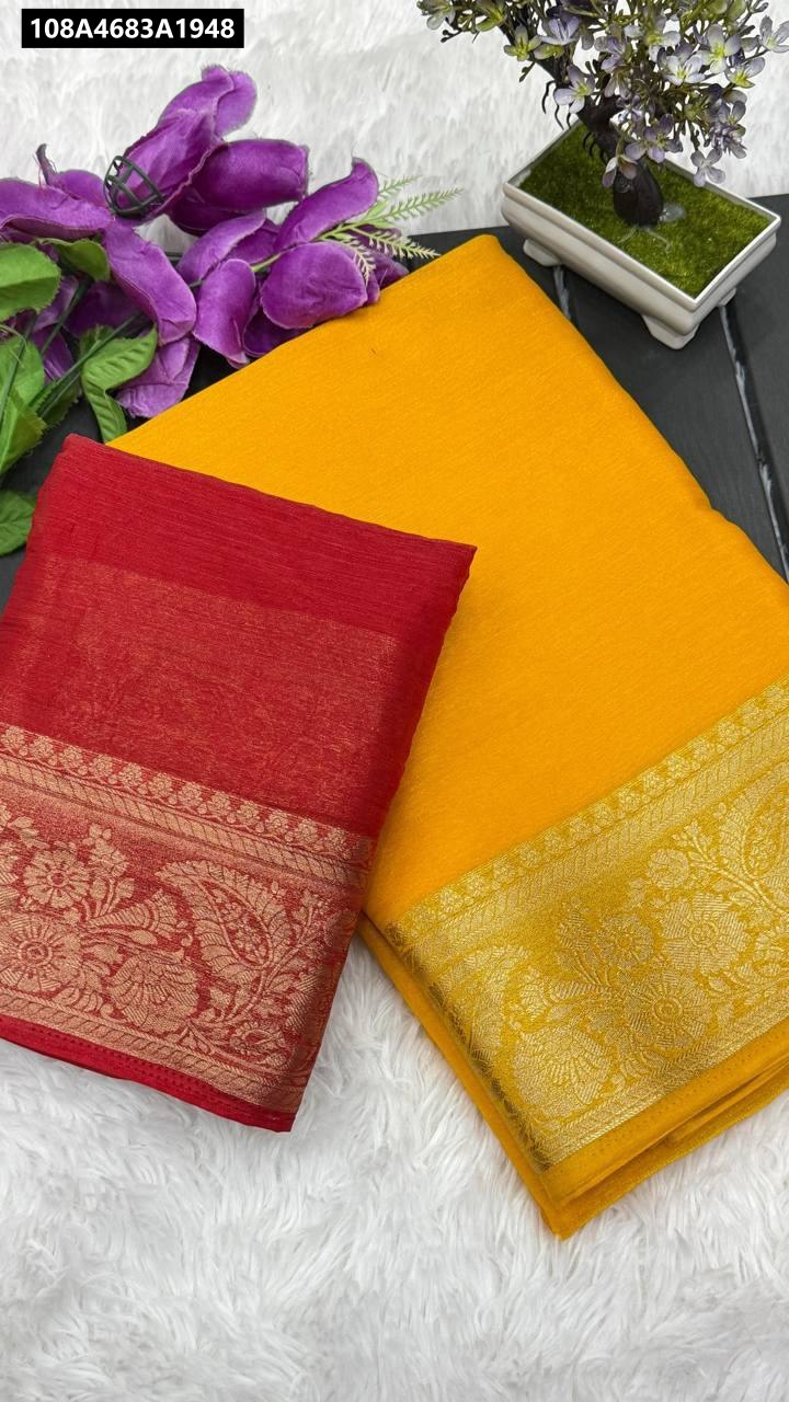 Yellow Zimichu Saree with jacquard border and folded Red contrast blouse piece.