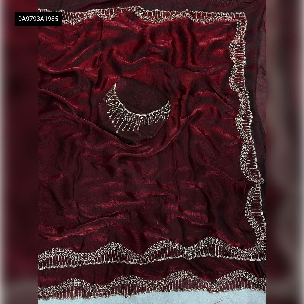 TRENDBUY Space Silk Saree in Maroon with Jarkhan Diamond work and matching blouse piece.