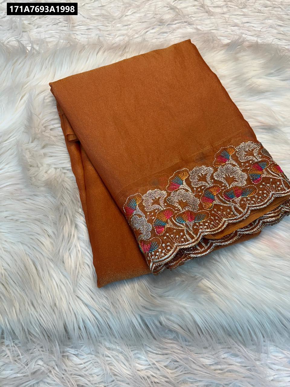 Folded Earthy Rust Crush Silk Saree with Thread Embroidery on Pallu