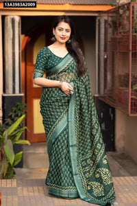Soft Linen Batik Saree for Women | Zari Woven Border