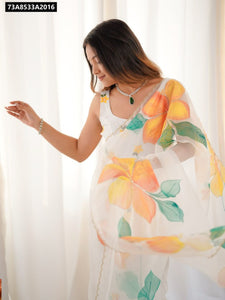 Exclusive Soft Tebi Silk Digital Printed Floral Saree with Handcrafted Double Val Moti Border