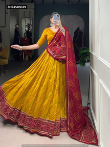 TRENDBUY Gauri Collection Bandhej Tasar Silk Lehenga Choli with Gota Patti Lace