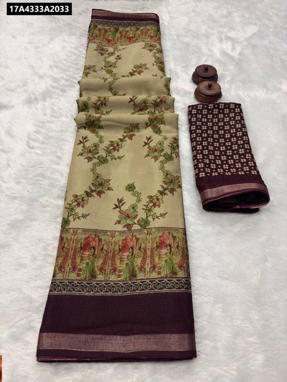 TRENDBUY Soft Mulmul Cotton Saree with Cream body, Wine border and Green Floral Ikkat Print