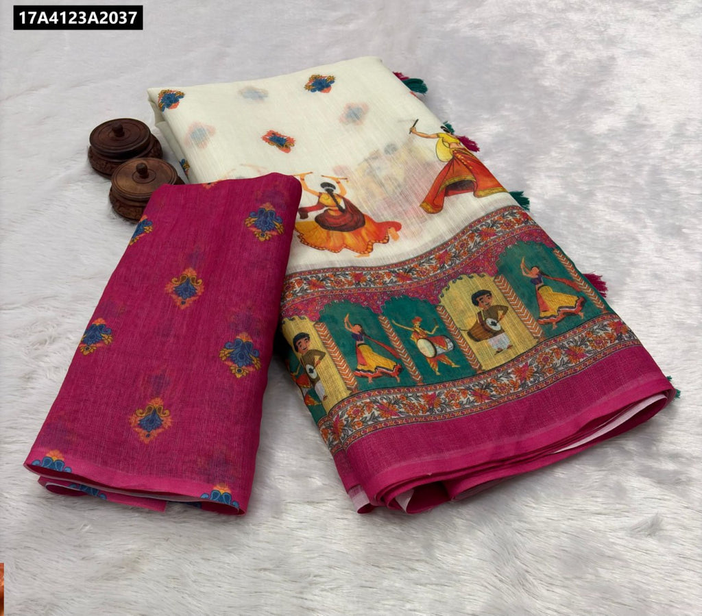 TRENDBUY Digital Print Linen Cotton Saree with dancing figures and pink border, contrast blouse