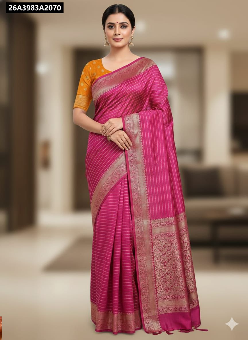 Model showcasing TRENDBUY Pink Dola Silk Saree with golden zari weaving, paired with an orange Dola silk sequined blouse, full body front view.
