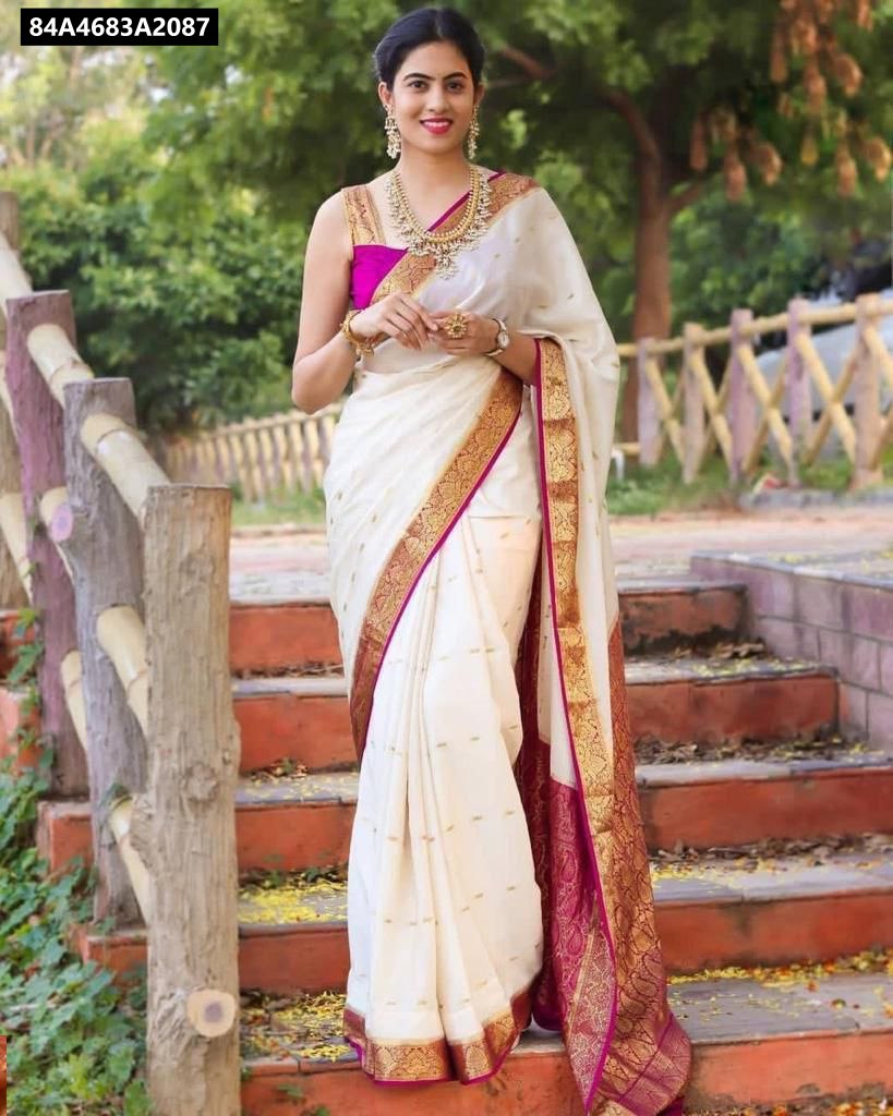 Woman smiling, wearing a beautiful TRENDBUY Lichi Silk Saree with magenta blouse, standing on stairs.