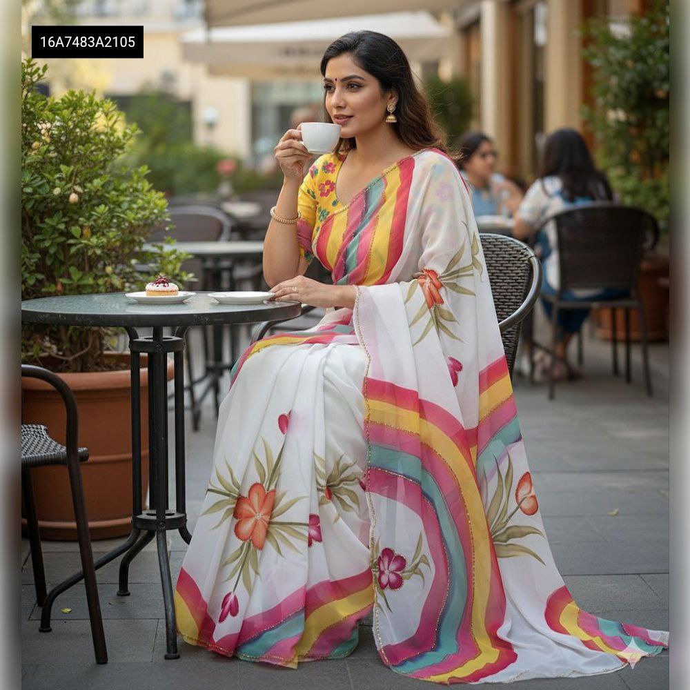 Model in White Georgette Silk Saree with Digital Floral Prints and Rainbow Striped Border at Cafe