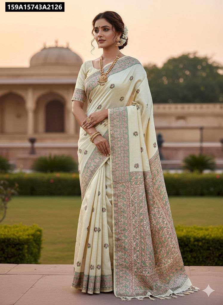 Elegant model showcasing a Cream Pure Tussar Saree with exquisite multi-thread embroidery and traditional jewelry.