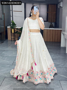 TRENDBUY Elegant White Faux Gorgette Embroidered Lehenga Choli with Dupatta