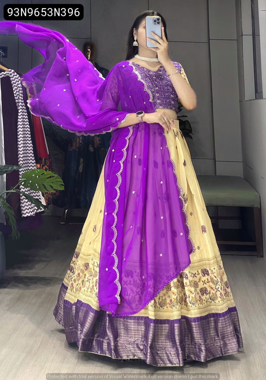 Full body shot of model wearing TRENDBUY Soft Silk Lehenga Choli with purple blouse and dupatta, showcasing the flair and traditional design.