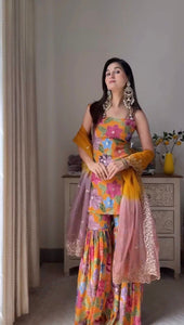 TRENDBUY Exclusive: Digital Print & Stone Work Top-Sharara Set with Dupatta | Ready-to-Wear