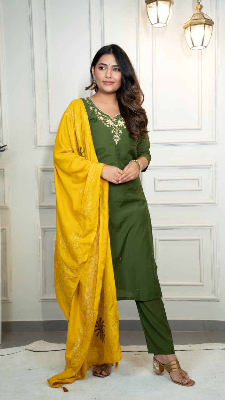 Model wearing a TRENDBUY Mahendi green designer kurti pent dupatta set with hand embroidery on the neckline and a yellow dupatta.