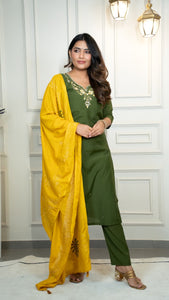 TRENDBUY Mahendi Green Designer Kurti Pent Dupatta Set with Hand Work