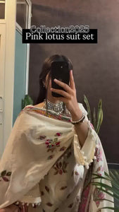 TRENDBUY Pink Lotus Mul Chanderi Suit Set with Dupatta & Moti Mala