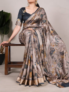 TRENDBUY Women's Tussar Silk Printed Saree with Unstitched Blouse