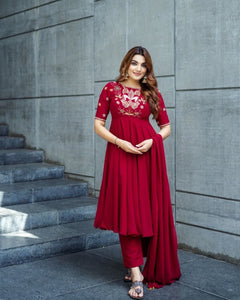 TRENDBUY Designer Roman Silk Embroidered Anarkali Suit Set with Dupatta - Ready to Wear