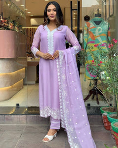 TRENDBUY Exclusive Festival Collection: Embroidered Georgette Kurta Set with Chanderi Bottoms