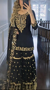 TRENDBUY Black Georgette Sharara Suit with Heavy Gold Embroidery & Sequins