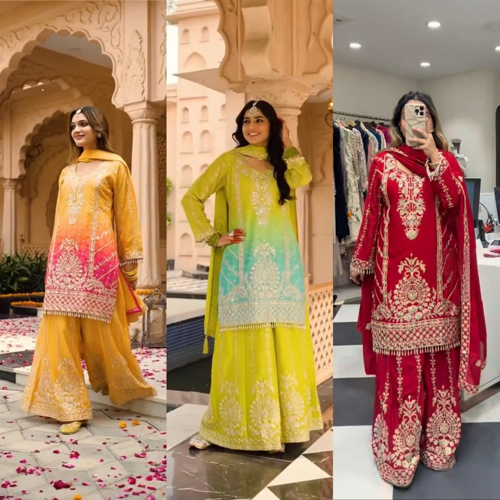 Model wearing a yellow and pink ombre heavy chinnon silk sharara set with embroidery and sequence work