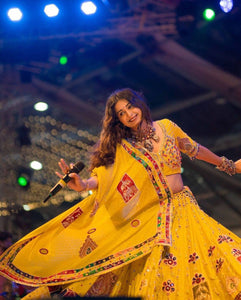 TRENDBUY Navratri Special Yellow Muslin Cotton Chaniya Choli with Real Mirror Work