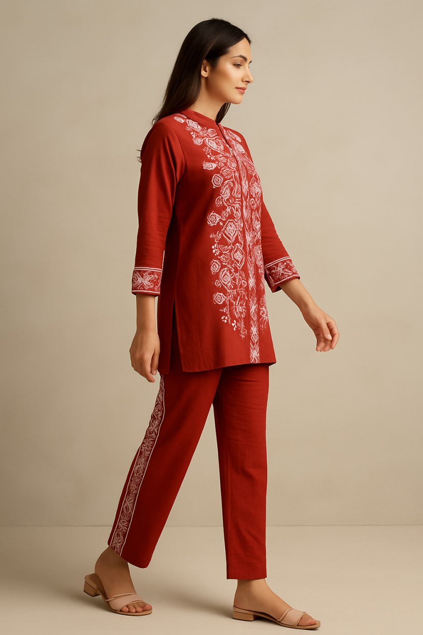 Model wearing a rust-colored rayon embroidered kurta and pants, side view.
