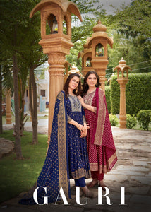 TRENDBUY Gauri 14KG Rayon Gown Pent Dupatta Set with Heavy Sequence Embroidery & Foil Print