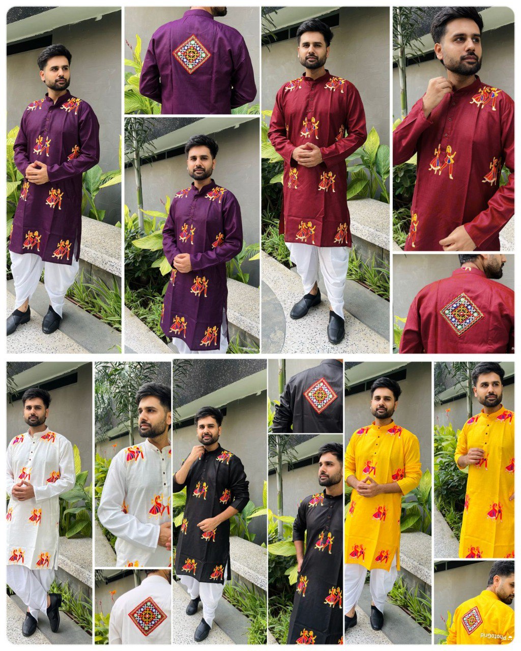 Man wearing a deep purple Navratri kurta and white dhoti with embroidery on the front and a decorative square patch on the back.
