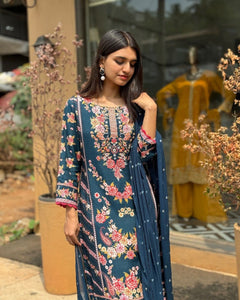 TRENDBUY Designer Digital Print Handwork Suit Set with Palazzo & Dupatta