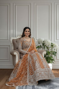 TRENDBUY Rust Orange Designer Lehenga Choli with Intricate White Embroidery & Sequins