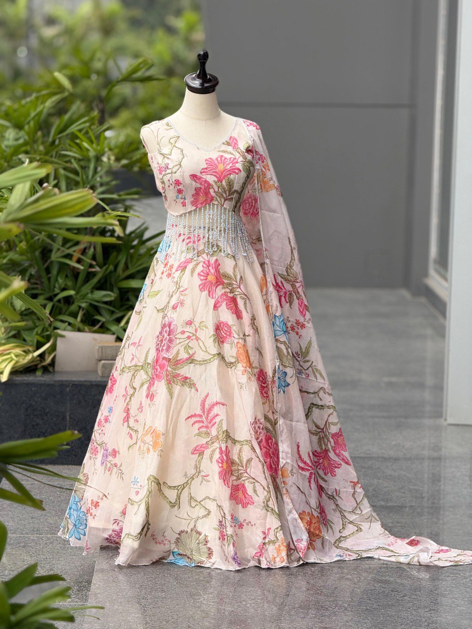 TRENDBUY Floral Organza Corset Lehenga Set, front view on mannequin, outdoors