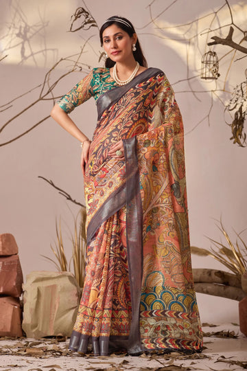 Elegant Linen Cotton Saree with Floral Patola Border for Women's Festive Wear