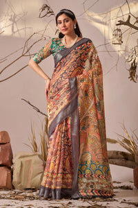 Elegant Linen Cotton Saree with Floral Patola Border for Women's Festive Wear