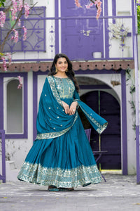 TRENDBUY Elegant Teal Chinon Silk Anarkali Gown & Dupatta Set with 5mm Sequence Embroidery