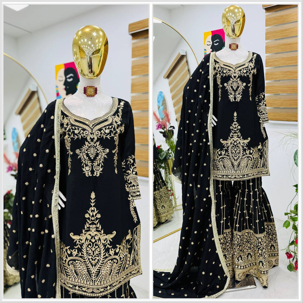 TRENDBUY Black Chinon Silk Sharara Suit Set with gold sequin embroidery, front view on mannequin.