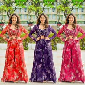 TRENDBUY Elegant Tibby Silk Floral Designer Sharara Set with Sequin Embroidery & Shrug